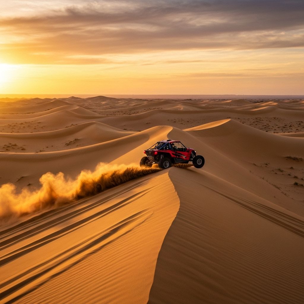 Dune buggy racing through golden sand dunes at sunset