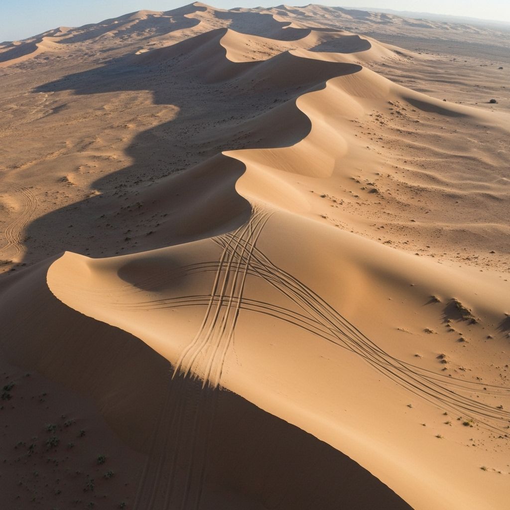 Aerial view of Glamis sand dunes showing intricate tire track patterns