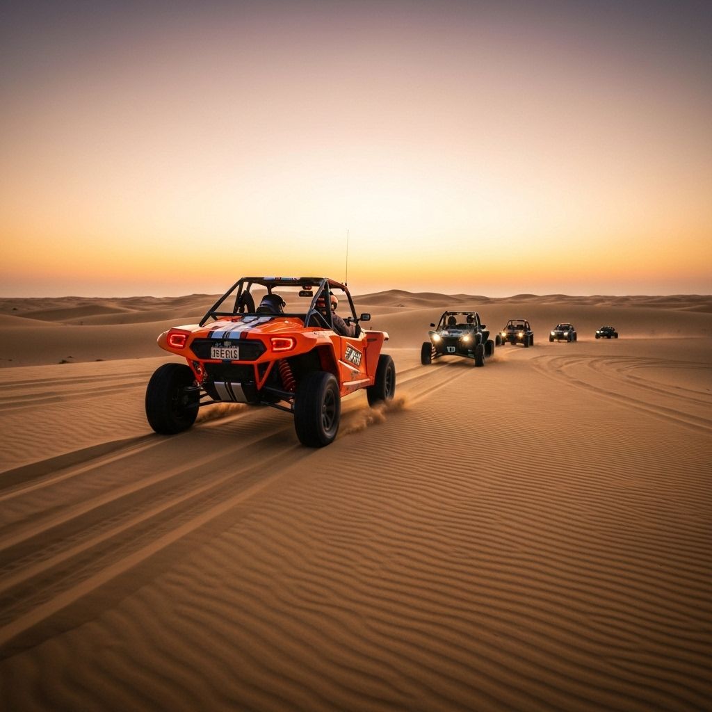Convoy of dune buggies riding together at dusk, showcasing Glamis community spirit