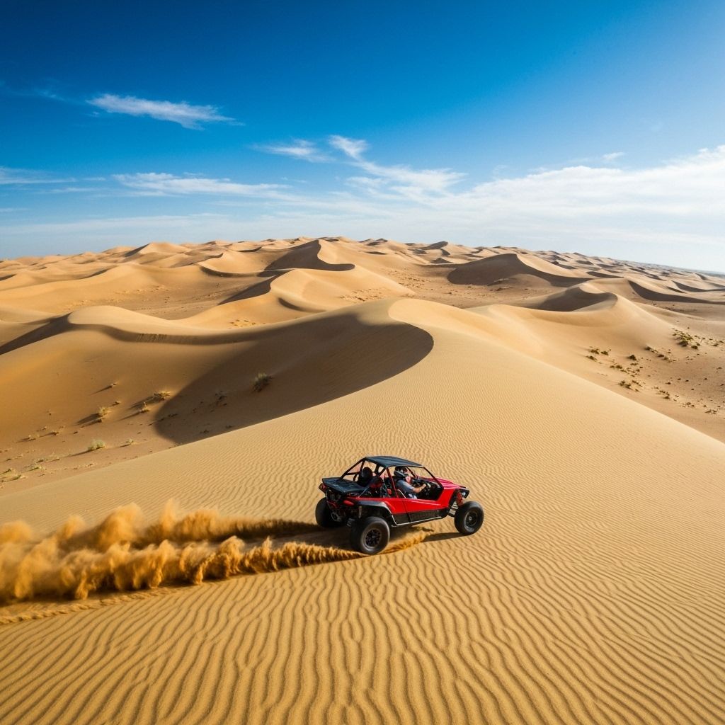 Off-road vehicle on desert dunes near natural attractions